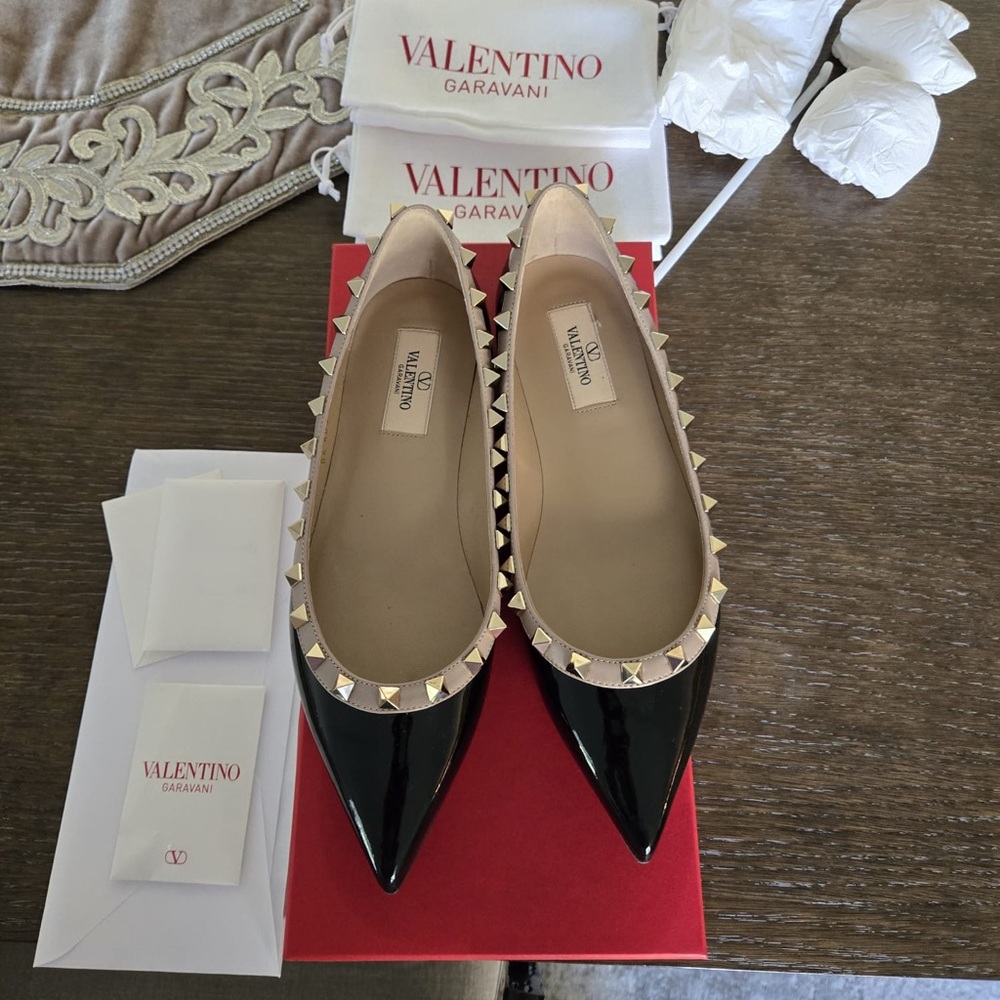 Valentino Black Patent Rockstud Pointed Flats with Nude Trim
